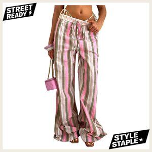 Striped Linen Wide Leg Pants Elastic Waist Casual Summer Boho